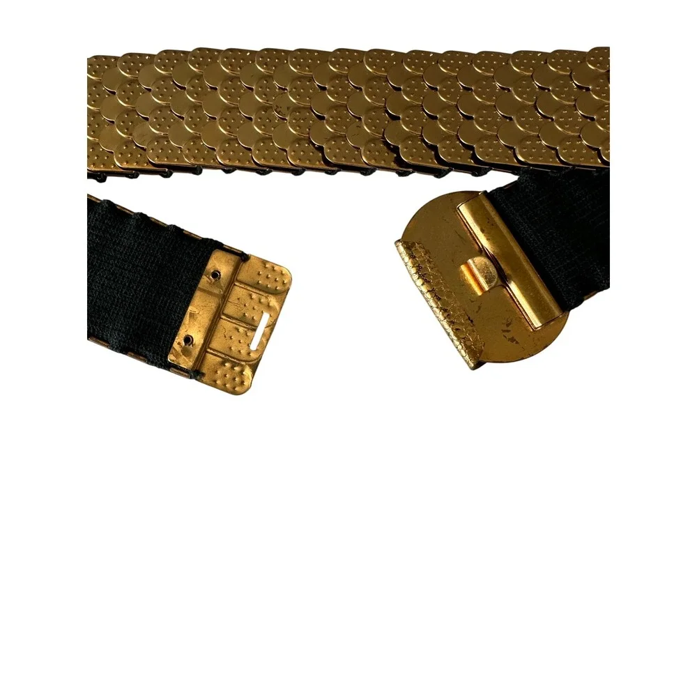 Vintage 70s 80s Gold Fish Scale Mail Stretch Belt Metallic Disco Cinch Waist